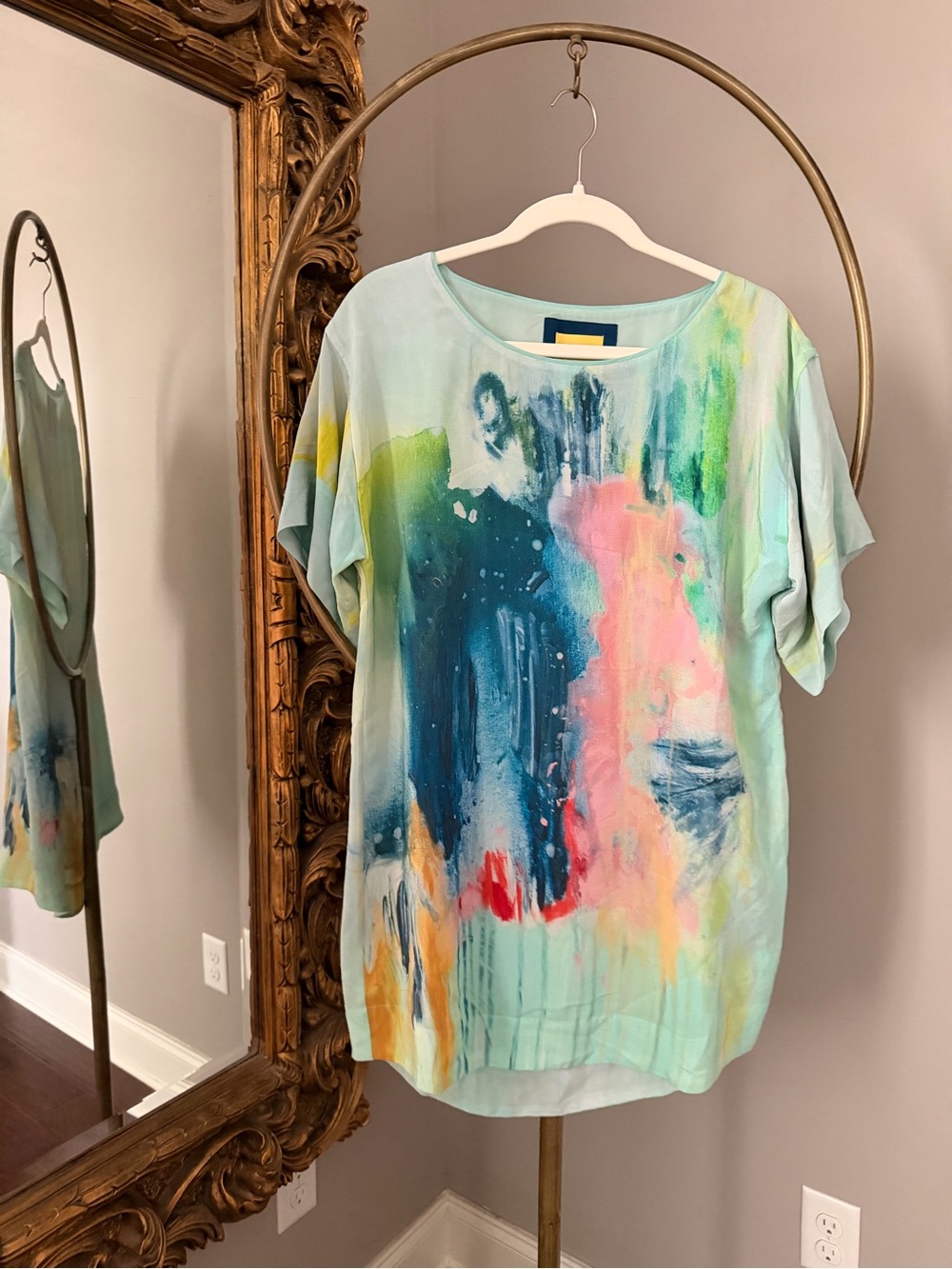 Anthropologie Maeve Watercolor Print Short Sleeve Mini Dress - Mint Multi